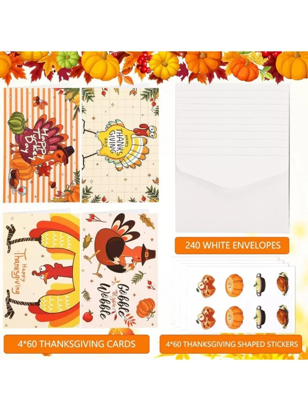 Funny Thanksgiving Greeting Cards Set - 240 Assorted Gobble Cards with Envelopes